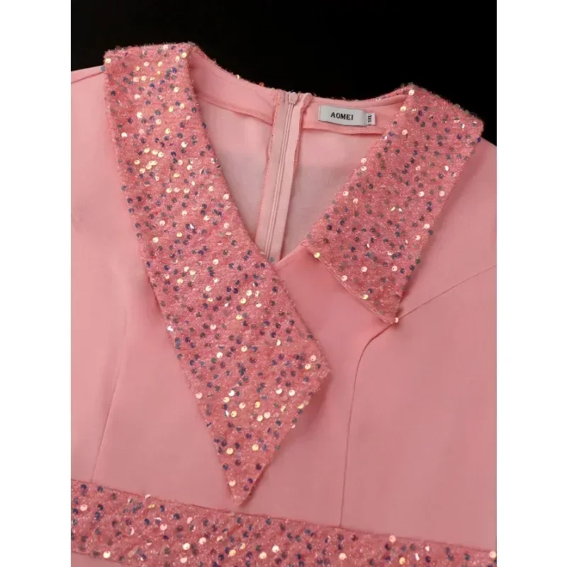 Klassisches rosafarbenes Maxi-Plisseekleid für Damen, unregelmäßiger Glitzer-Ausschnitt, hohe Taille, A-Linien-Kleider, formelle Veranstaltungsanlässe, Kirchenkleider