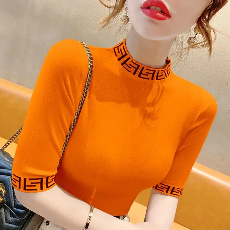 Summer New Versatile Slim Fashion Base Shirt Thin Inner Mid-sleeve Knitted Top Women Sweater