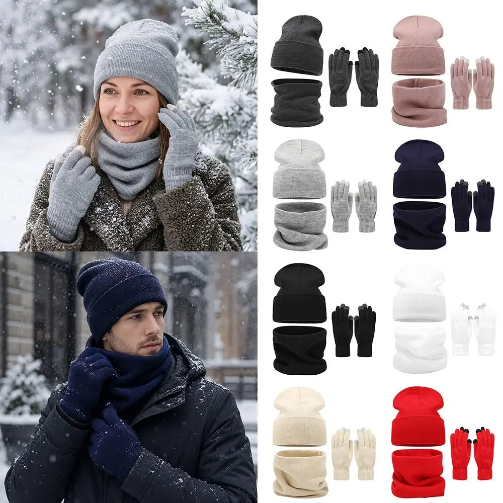 3Pcs/Set Warm Winter Hat Scarf Gloves Set Windproof Thicken Scarf Neck Warmer Elastic Soft Touchscreen Gloves for Men Women