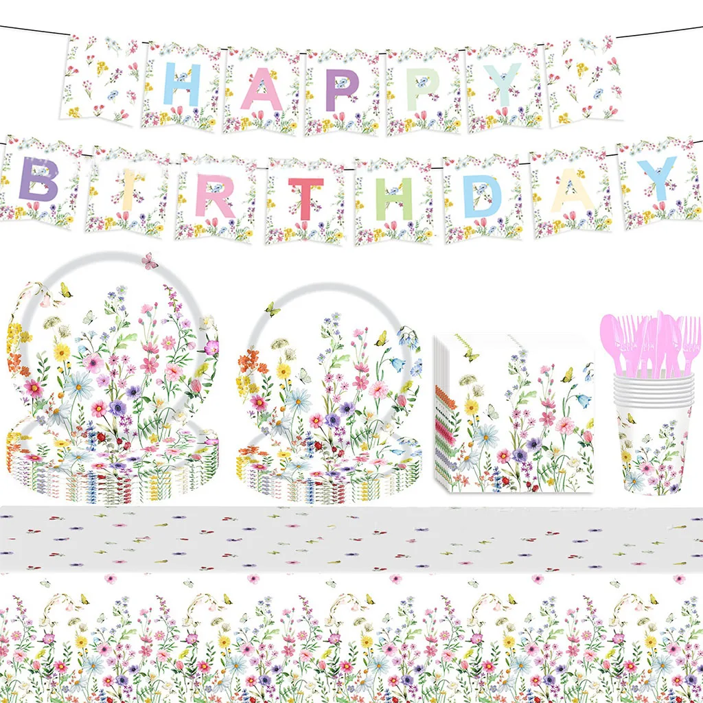 8Guests Spring Flower Disposabel Tableware Butterfly Goddess Plates Napkin Cups Spring Flower Happy Birthday Party Decor Girl