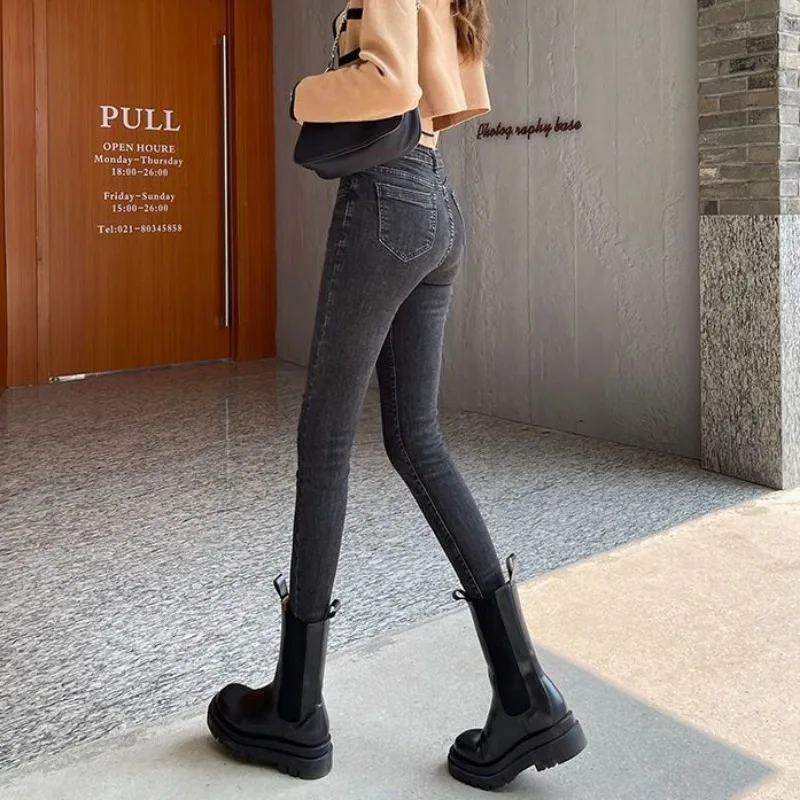 Skinny Pencil Jeans Women Velvet Thick Winter Thermal Autumn High Waist Chic Solid All-match Korean Streetwear Mujer New Female