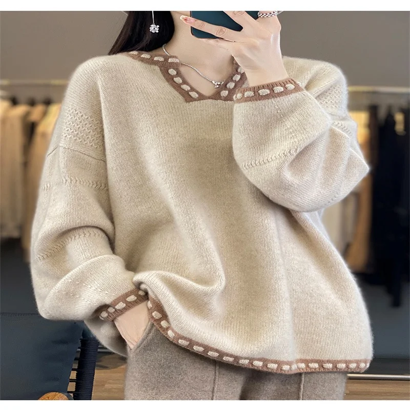 سترة كشمير سميكة من ماركة تشينغداو للنساء، بياقة على شكل V، محبوكة فضفاضة بأسلوب كسول، ملابس صوفية محبوكة للخريف والشتاء