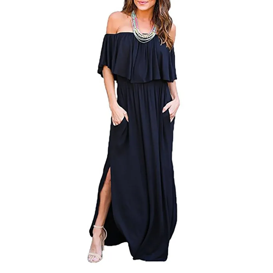

【New style】 Spring and Summer EBAY ruffled one-shoulder long pocket split dress