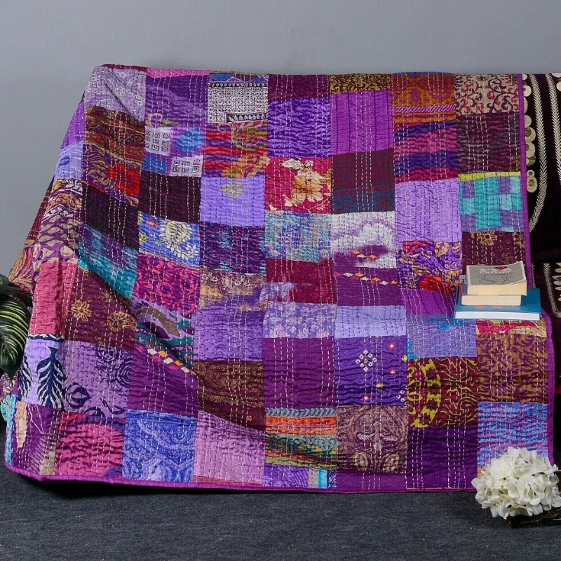 

Лоскутное одеяло Kantha 90x108 дюйма, фиолетовое покрывало, винтажное постельное белье ручной работы