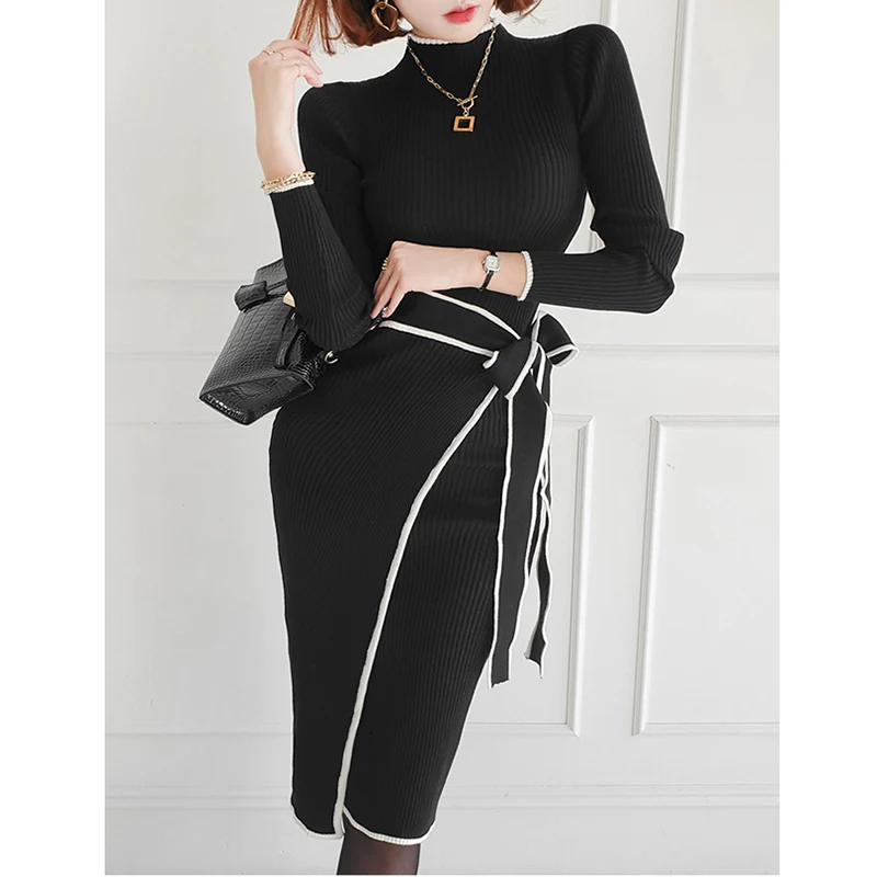 Commuting Office Lady Core Spun Yarn Sweater Dress 2024 Winter New Korean Style Chic Slim Mid Length Lace Up Color Blocked Dress