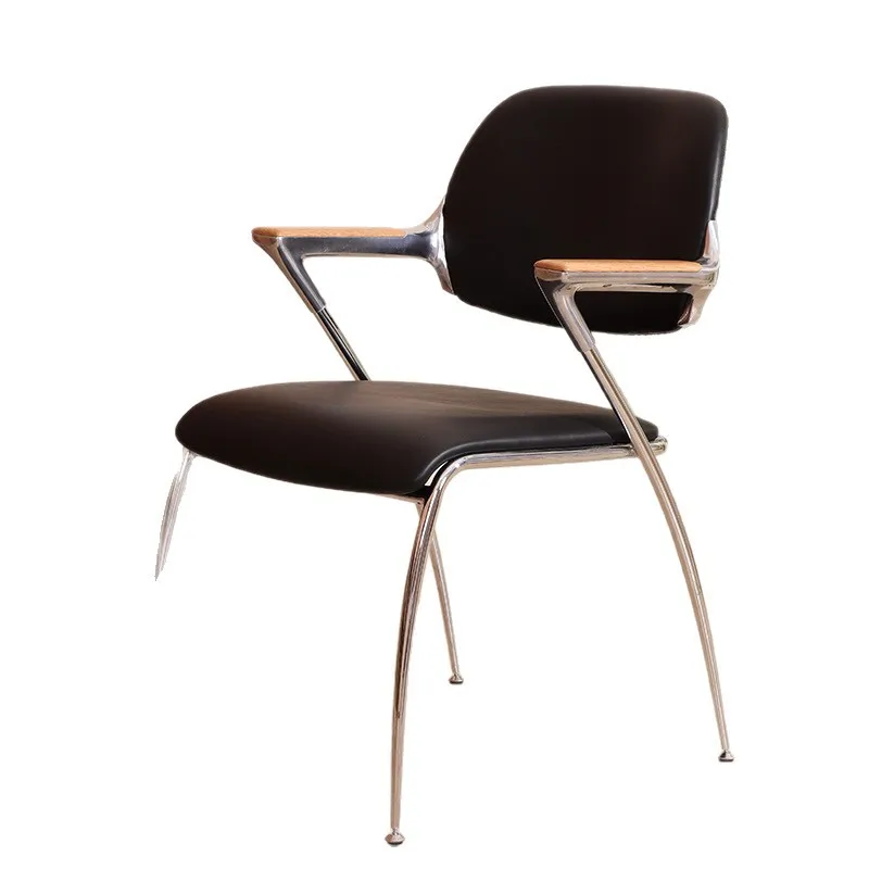 Medieval stainless steel solid wood dining household backrest light luxury dining table chair retro makeup chair