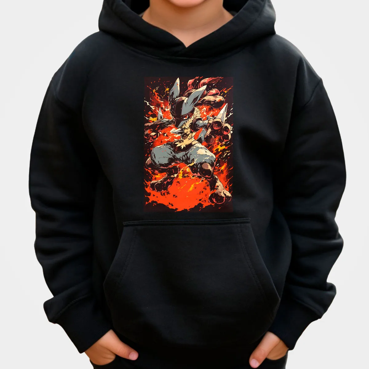 بوكيمون أنيمي لوكاريو قلنسوة من القطن لون أسود مع تأثير الهالة النارية القتال الديناميكي تشكل فضفاض صالح ملابس منزلية غير رسمية #1