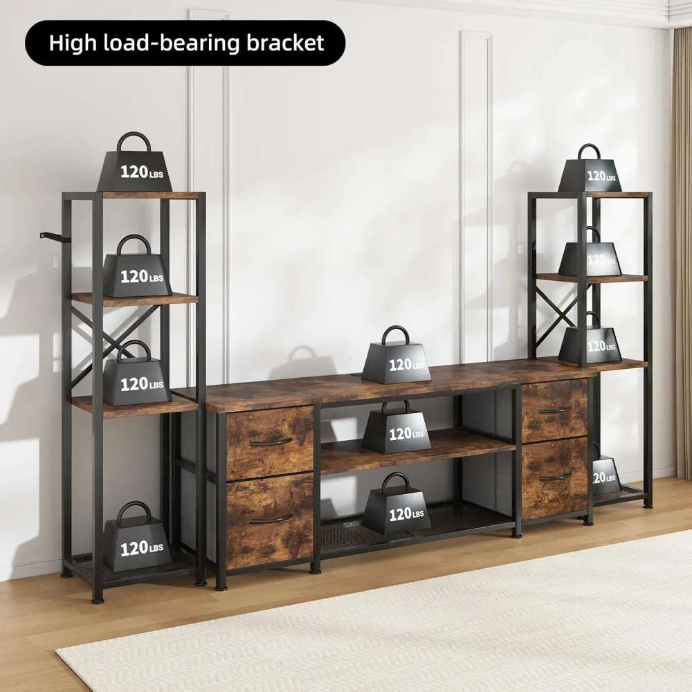 حامل تلفزيون LED حديث مقاس 60 بوصة لغرفة المعيشة مع محطة شحن وأرفف كتب على الطراز الصناعي