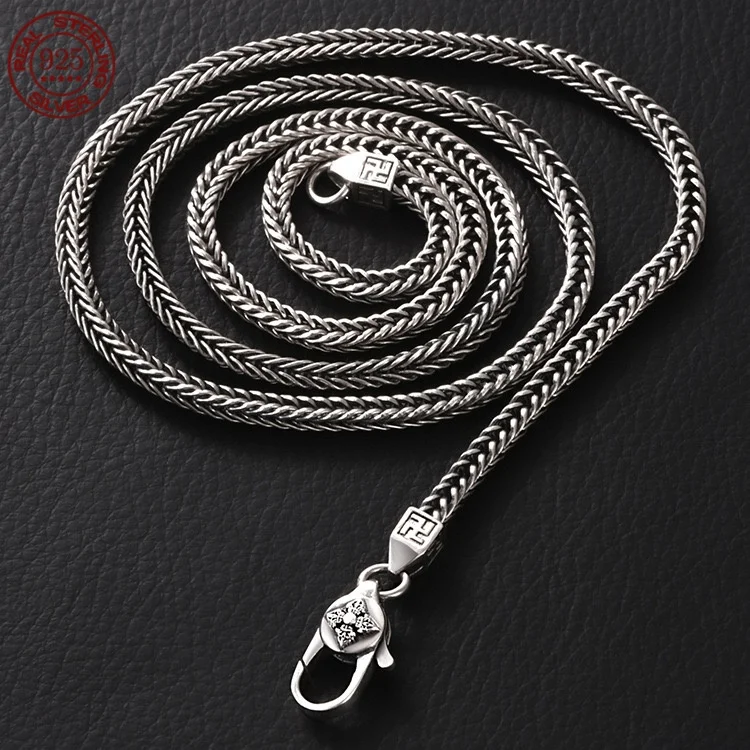 The new S925 silver Diamond pestle six-word fox tail necklace for men and women retro fashion simple jewelry gifts