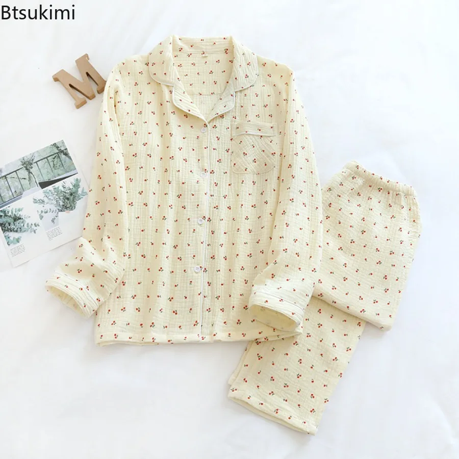 New 2025 Little Cherry Double Crepe Pajamas for Women Small Fresh Gauze Cotton Lapel Long Sleeve Trousers Cotton Homewear Set