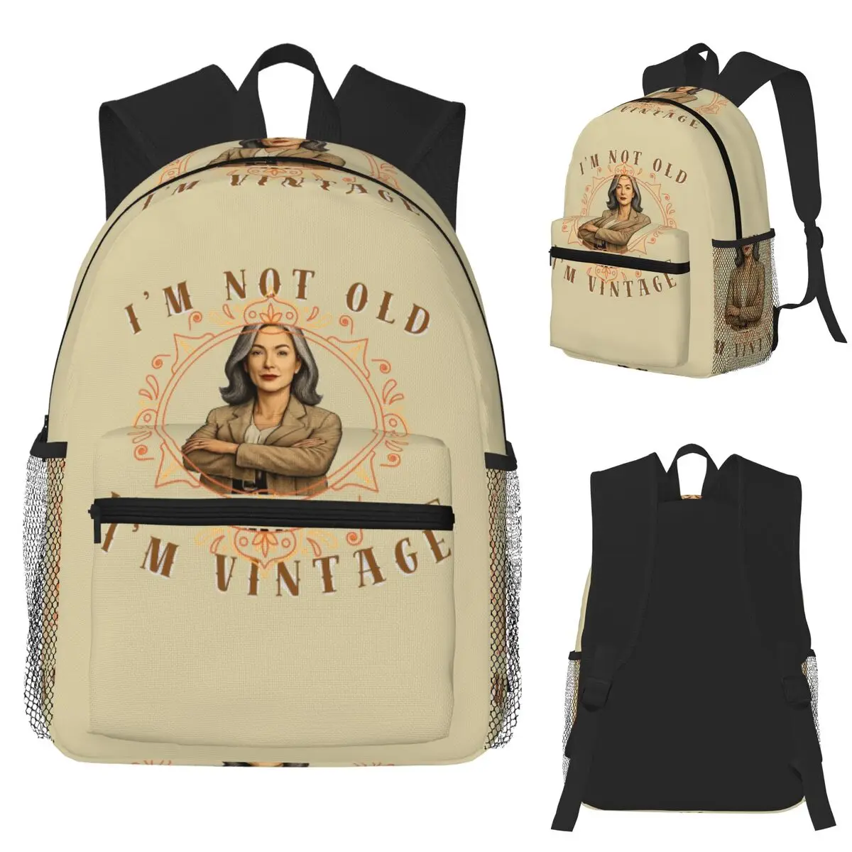 

Empowered And Vintage Elegant Woman With Attitude I'M NOT OLD, I'M VINTAGE Backpack School Bag Daypack Bookbag Shoulder Bags