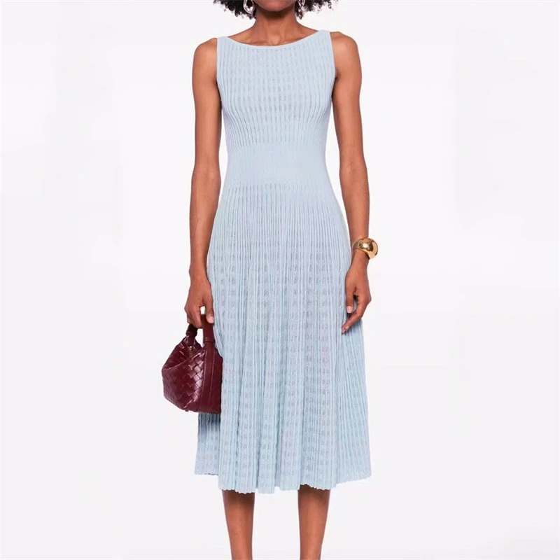 

Новое летнее женское трикотажное платье без рукавов с круглым вырезом Y2K, длинная юбка с высокой талией, модная повседневная одежда высокого качества