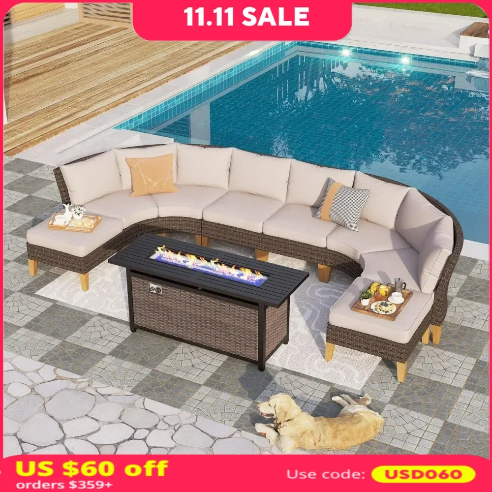 9-Piece Patio Furniture with Fire Pit Table Set Half-Moon Curved Sectional Sofa Outdoor Oversized Waterproof Rattan Patio Set