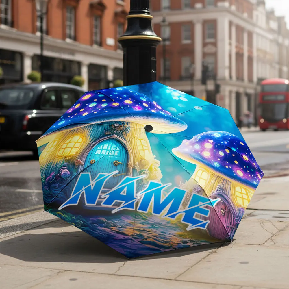 Custom Name umbrella, "Fantasy Glowing Mushroom Houses Illustration Umbrella" Fashion Folding Umbrella for Daily Use, Gift