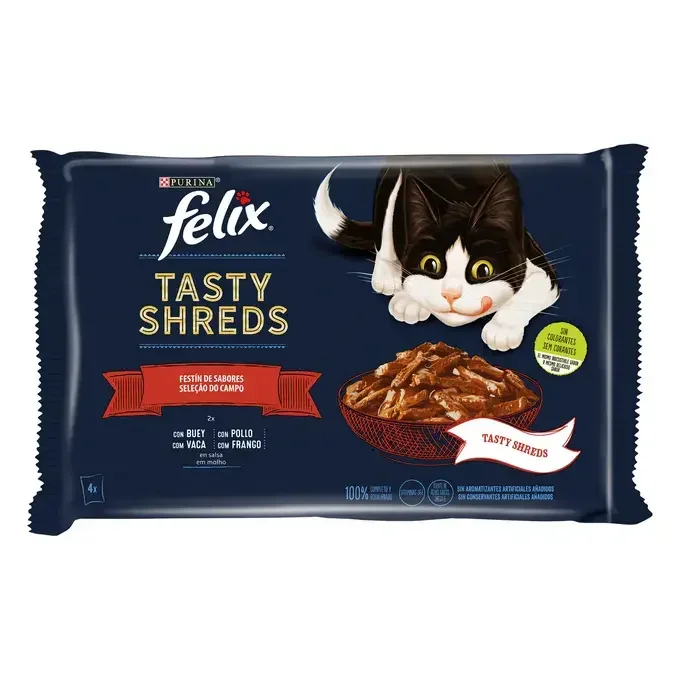 12ud FELIX Tasty Shreds Selecciones Favoritas Comida Húmeda para Gato 4x80g - 320g - 3840g en total