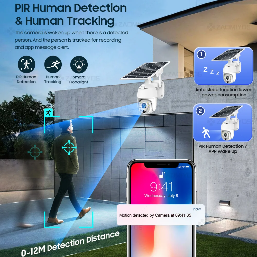 ZAOMIYOS marca 4G SIM Card WIFI batteria solare telecamera PTZ 3MP/5MP esterno impermeabile PIR allarme Motion Detection P2P telecamera CCTV
