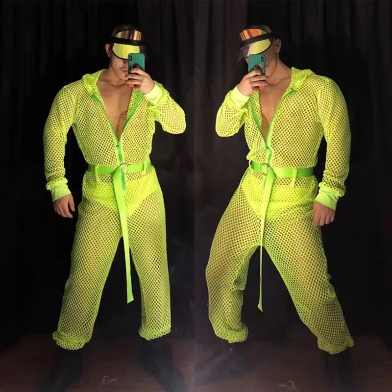 

Male Fluorescent Green Hollow Jumpsuit Work Clothes Bar Nightclub Men Ds Party Pole Dance Clothing Stage Rave Gogo Costumes