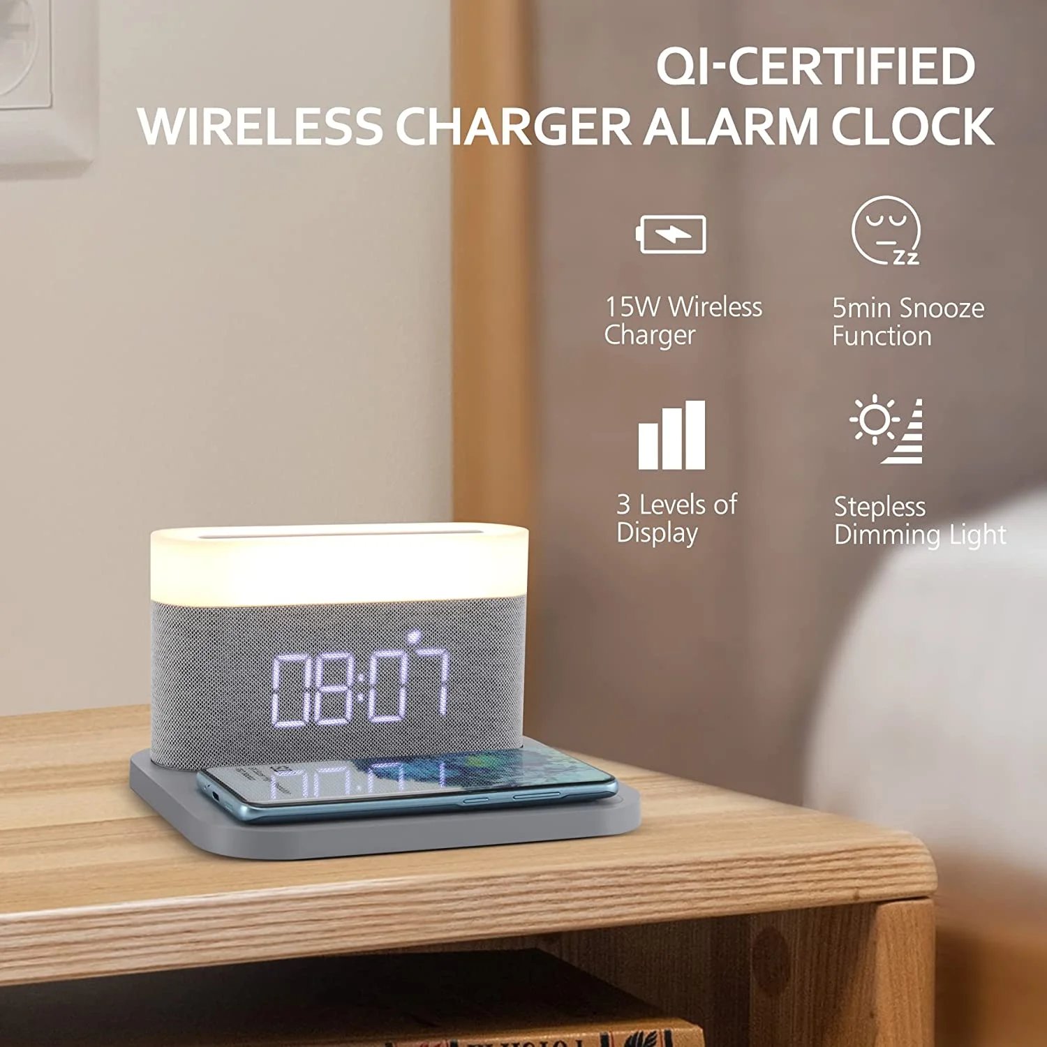 Fast Wireless Charging 15W Digital Alarm Clock Night Light Bedside Touch Reading Light Adjustable Brightness Snooze USB Charger