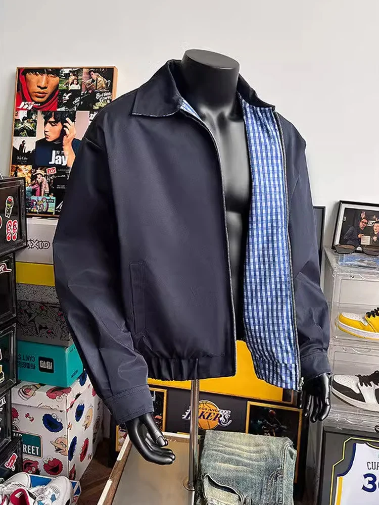 

Trendy Plaid Workwear Jaet Coat Men's Autumn Winter Cleanfit High-End Feel Baseball Sle Turn-down Collar Outerwear