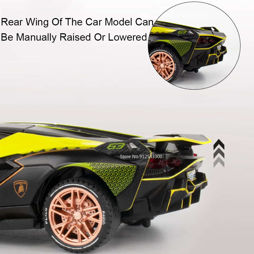 Scala 1:32 Sian Revuelto Modello di auto sportiva Giocattolo Musica Luce Tirare indietro Supercar Forbici Porte Modelli aperti Decorazioni per la casa Decorazione