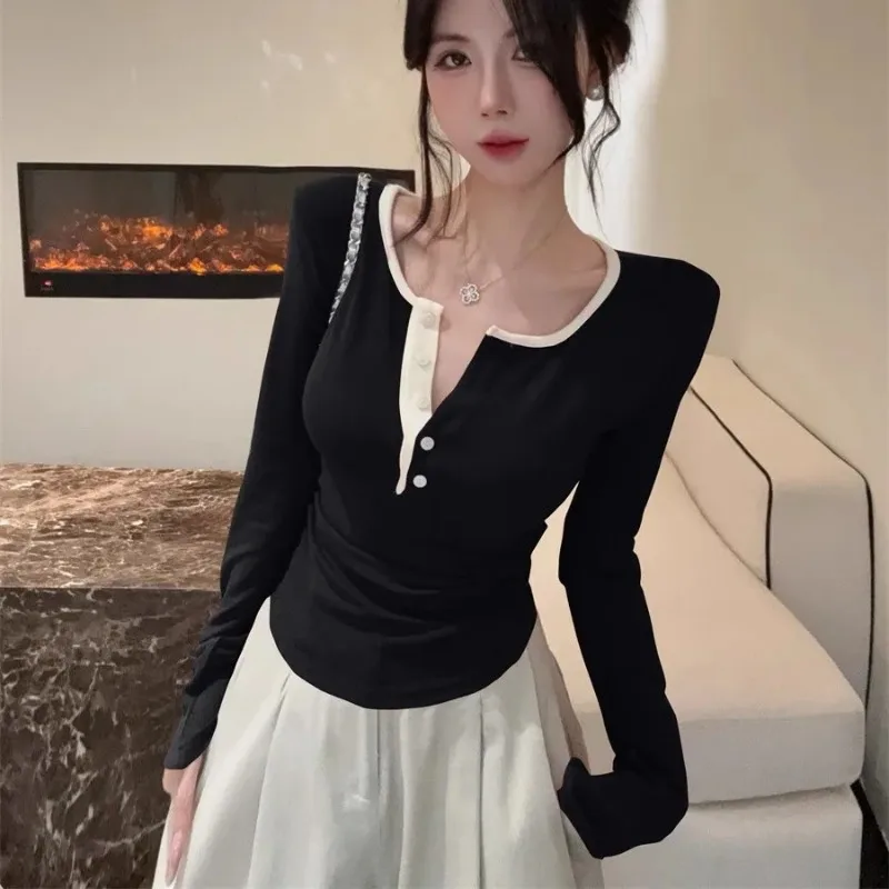 

Half-collar Button-down Long-sleeved T-shirt for Women in Spring Autumn New Sexy Waist Slimming Bottoming Shirt