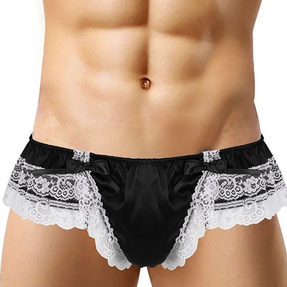 See-Through Men Lace Briefs Underwear Sissy Penis Big Pouch Panties Sexy Satin G-String Thong Exposed Butt Underpants Gay Thong