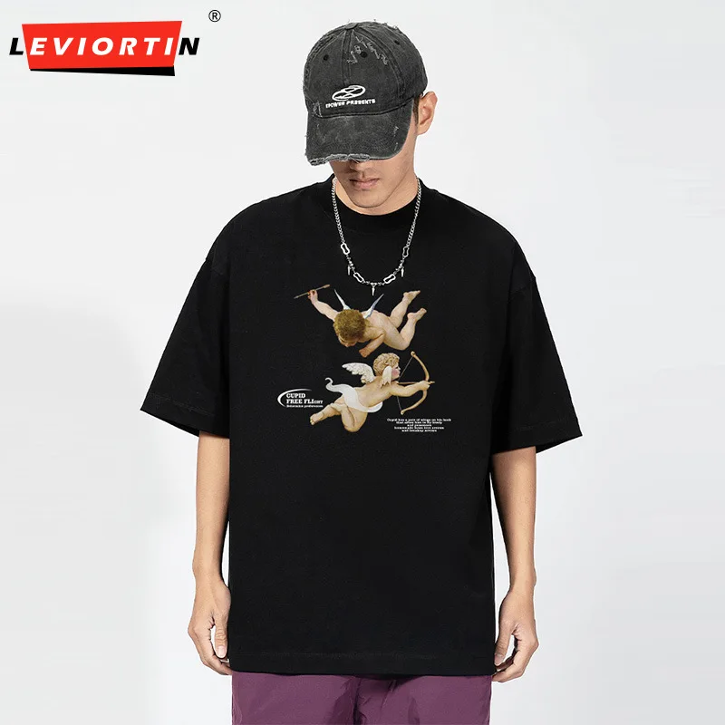 تي شيرت بأكمام قصيرة بطبعة ملاك على الطراز العالمي للرجال والنساء ، ملابس علوية متعددة الاستخدامات بسيطة وغير رسمية ، تي شيرت من القطن الخالص ، ملابس شارع صيفية