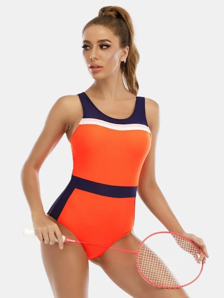 

Color Block Bathing Suit Open Back Quick Dry Surfing Suit Training Swimwear Athletic One-piece Women Sports Swimsuit