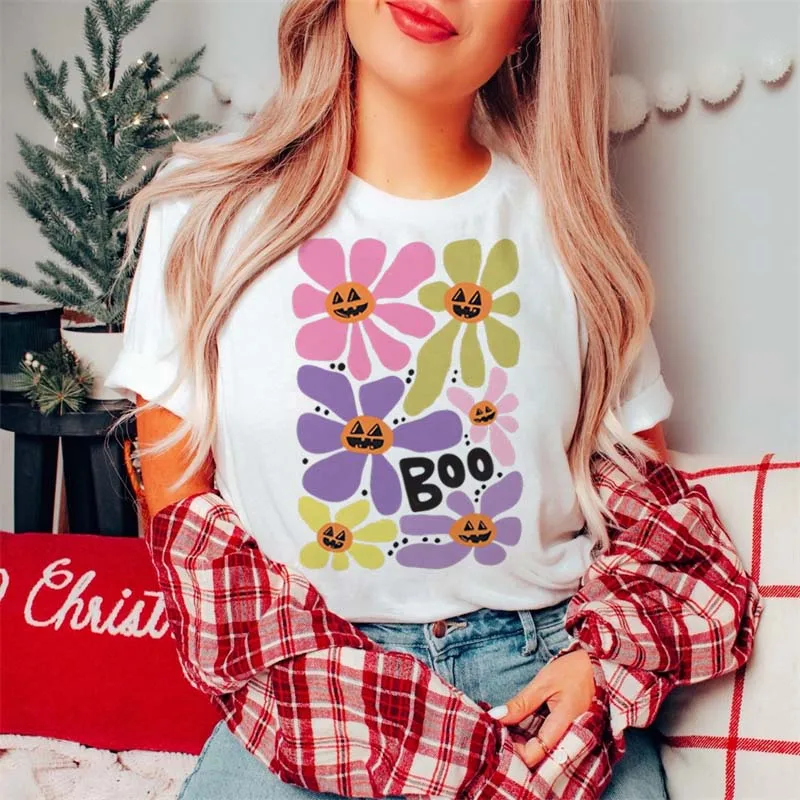 

Футболка Boo Flowers Halloween Party Street Fun, женская милая футболка с короткими рукавами, базовый топ, модная белая футболка с круглым вырезом и рисунком