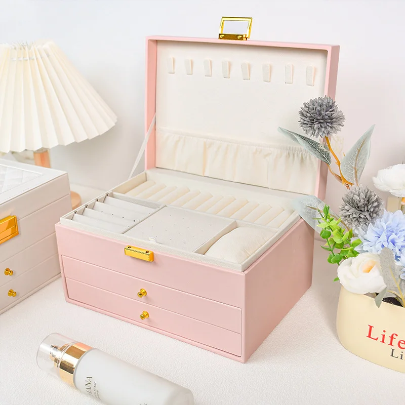 

High-Quality PU Leather Three-layer Drawer Type Dustproof Anti-oxidation Multi-functional Ring Earrings Necklace Storage Box