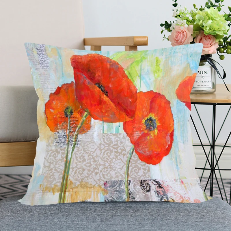 Red Poppy Flower Print Pattern Pillow Case Home Living Room Sofa Bedroom Decoration Soft Throw  Square