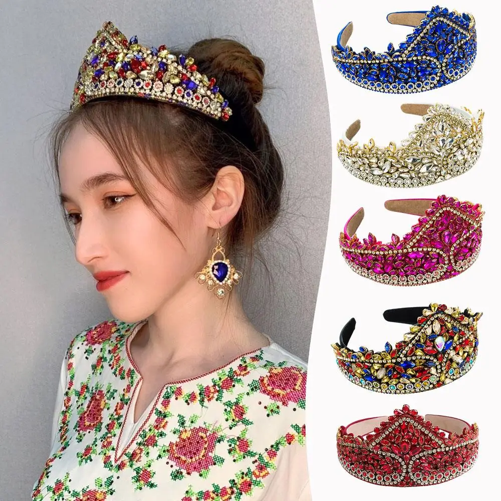 عالية الجودة عقال للرأس على شكل تاج موضة الاتجاه الرجعية حجر الراين واسعة حافة الشعر هوب متعدد الألوان الزجاج الكريستال الساطع الإسفنج رئيس هوب