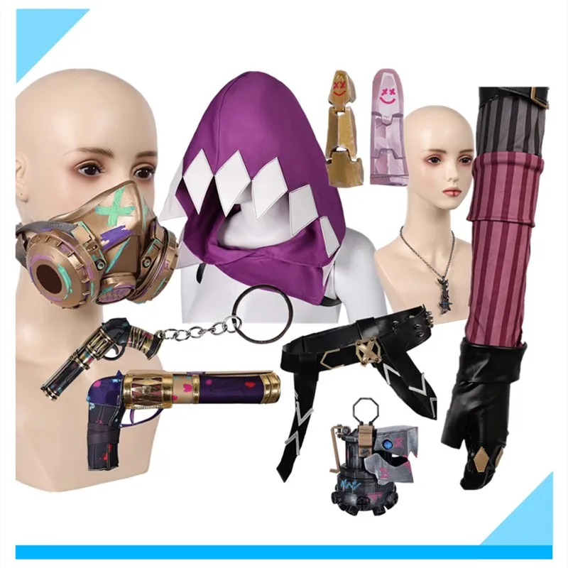 Arcane Fantasia LoL Jinx Cosplay Mask Belt Gloves Finger Covers Cartoon Shark Necklace Keychain Hat Hooded Costume Accessories