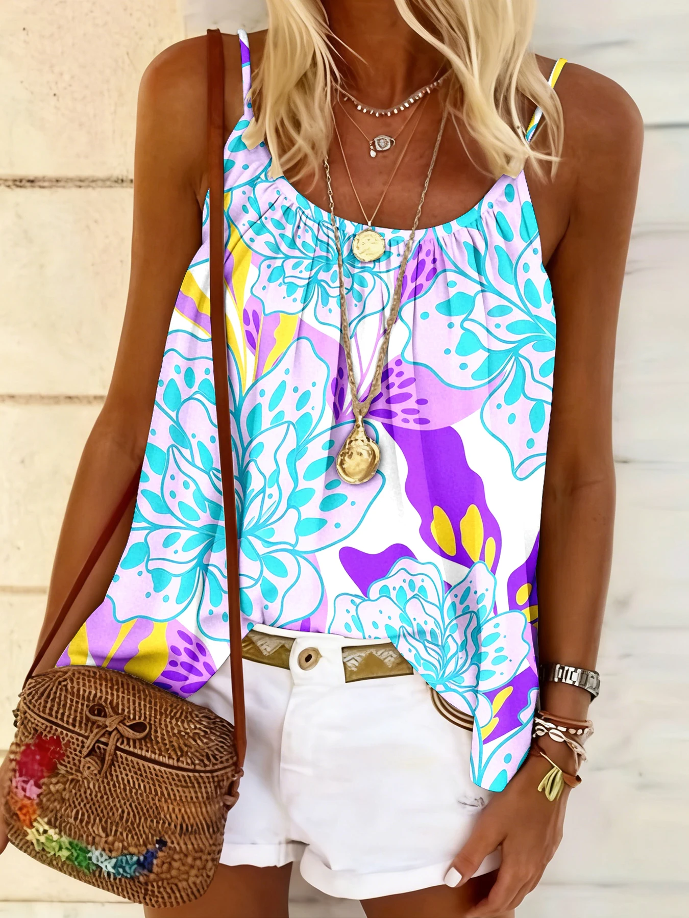 Sommerliches, lockeres Camisole-Top mit Rundhalsausschnitt, bequem, hautfreundlich, lässig, vielseitig, temperamentvolles Oberteil für Damen – Detail 24