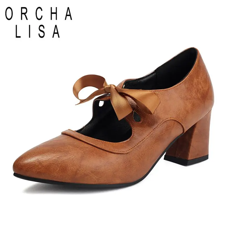 

ORCHA LISA 2025 New Office Lady Pumps Pointed Toe Block Heels 6cm Lace Up Large Size 41 42 43 33 Vintage Mary Janes Women Shoes