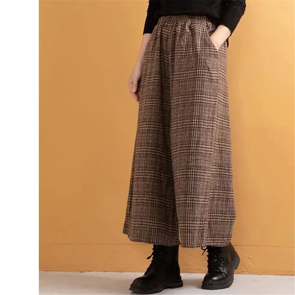 

Vintage Plaid Wide Leg Loose Women Wool Skirts Pants Elastic High Waist Casual Office Ladies Winter Autumn Calf-Length Pants