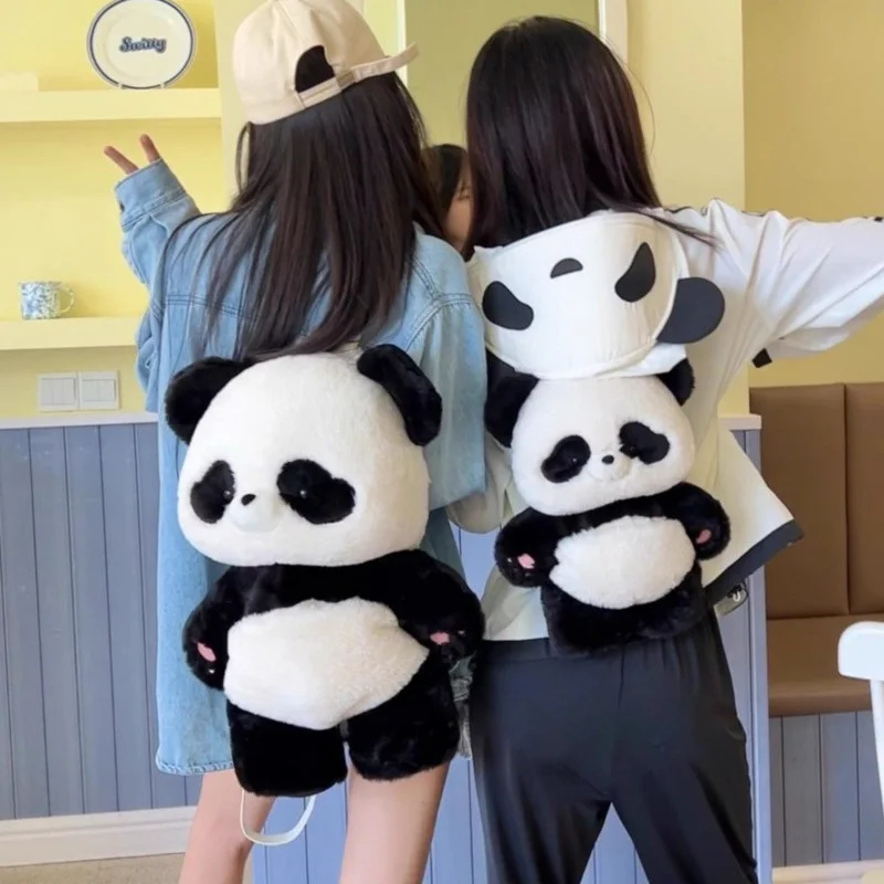 

Cartoon Cute Panda Shape Backpack Nylon Plush Material 2 Sizes Available Removable Shoulder Strap Bag Fashion Women's Makeup Bag