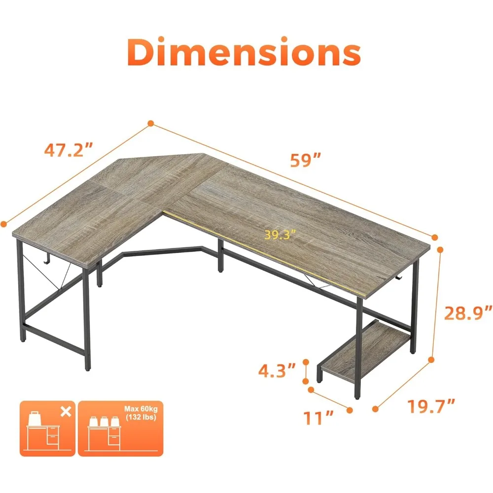 مكتب مكتب منزلي على شكل حرف L، مكتب ألعاب كمبيوتر زاوية 59 بوصة مع حامل وحدة المعالجة المركزية الخشبية، طاولة كتابة للدراسة للعمل المريح أ