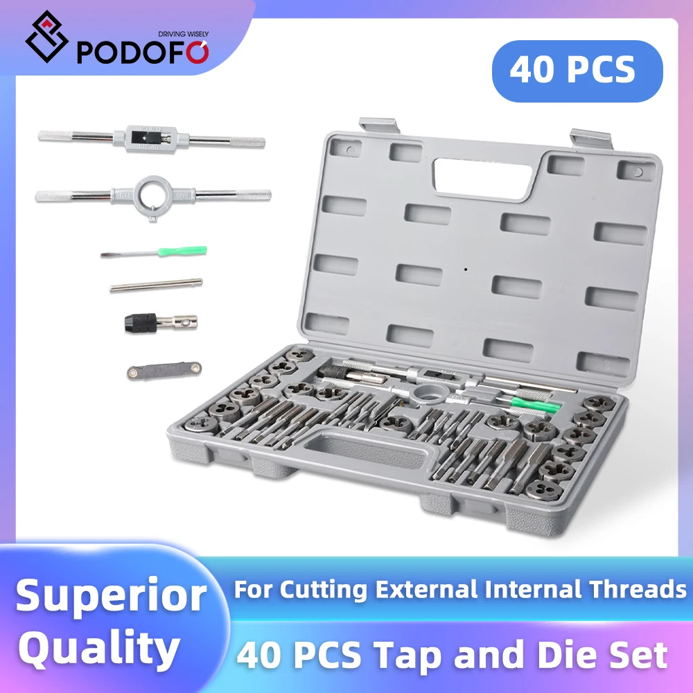 Podofo 40Pcs Tap and Die Set Metric Size M3 to M12 Bearing Steel Taps and Dies For Repairing Cutting Car Repairing Bearing Steel