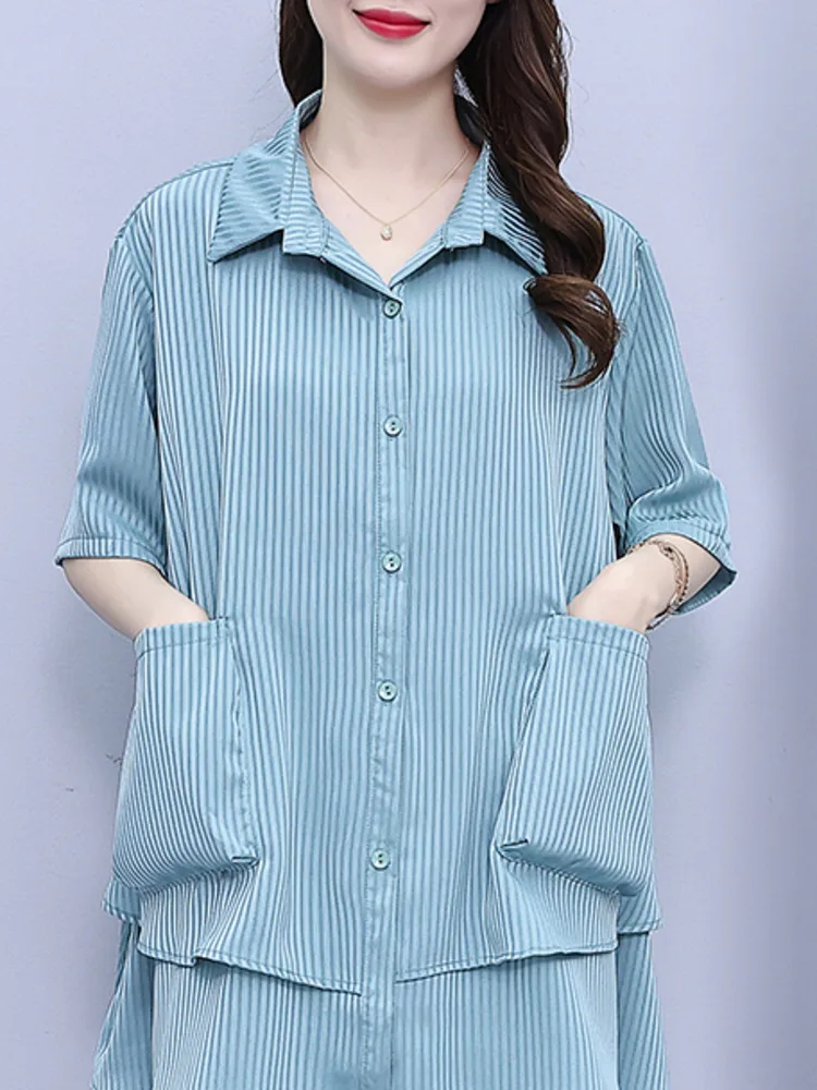 #2820 Black Blue Vertrical Striped Shirts Women Loose False Two Piece Shirts Female Short Sleeve Split Joint Asymmetrical Blouse