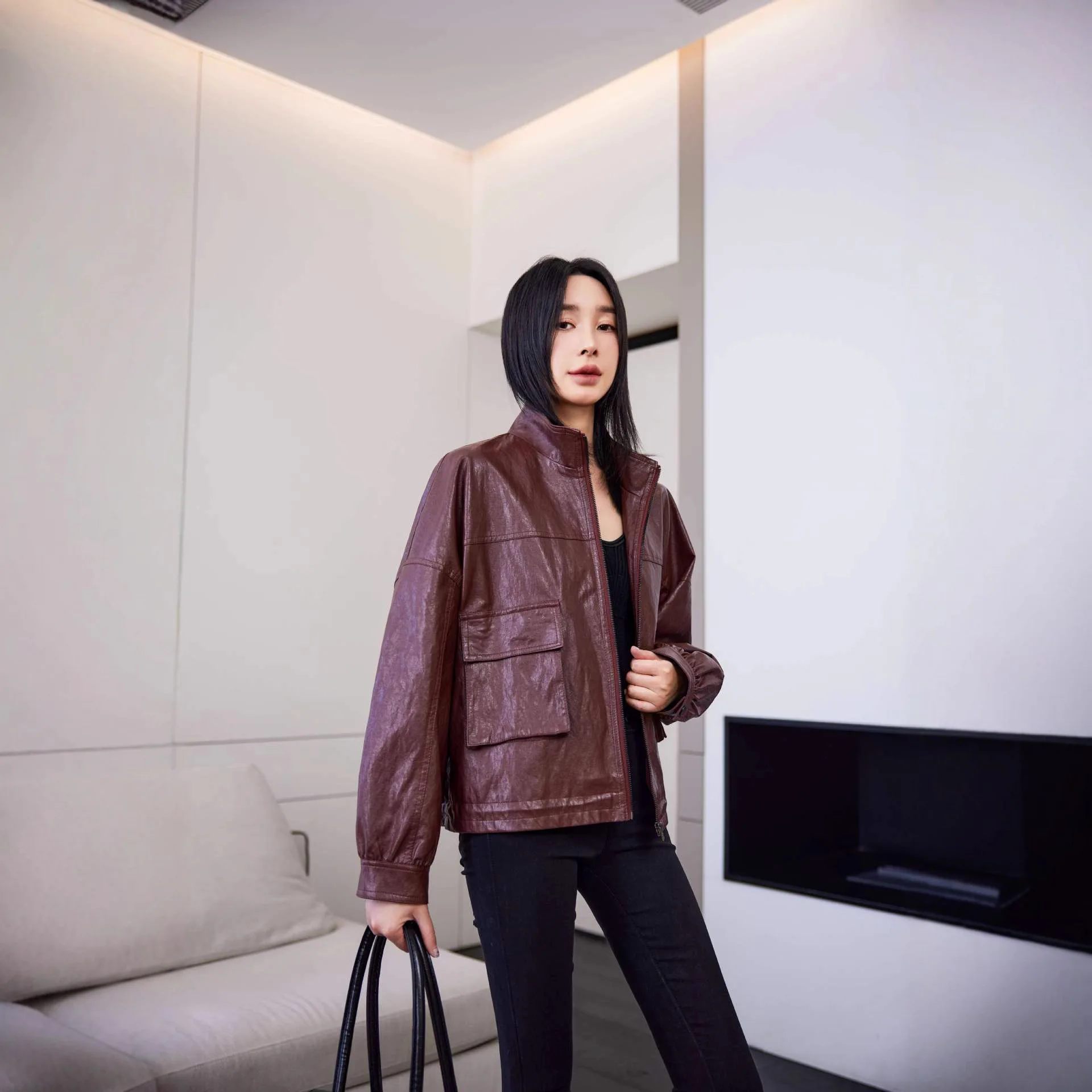 فو بولي معاطف معاطف جلدية النساء الصلبة جاكيتات جيب سستة الوقوف طوق طويلة الأكمام فضفاضة عادية مكتب سيدة 2025 ربيع الخريف #3