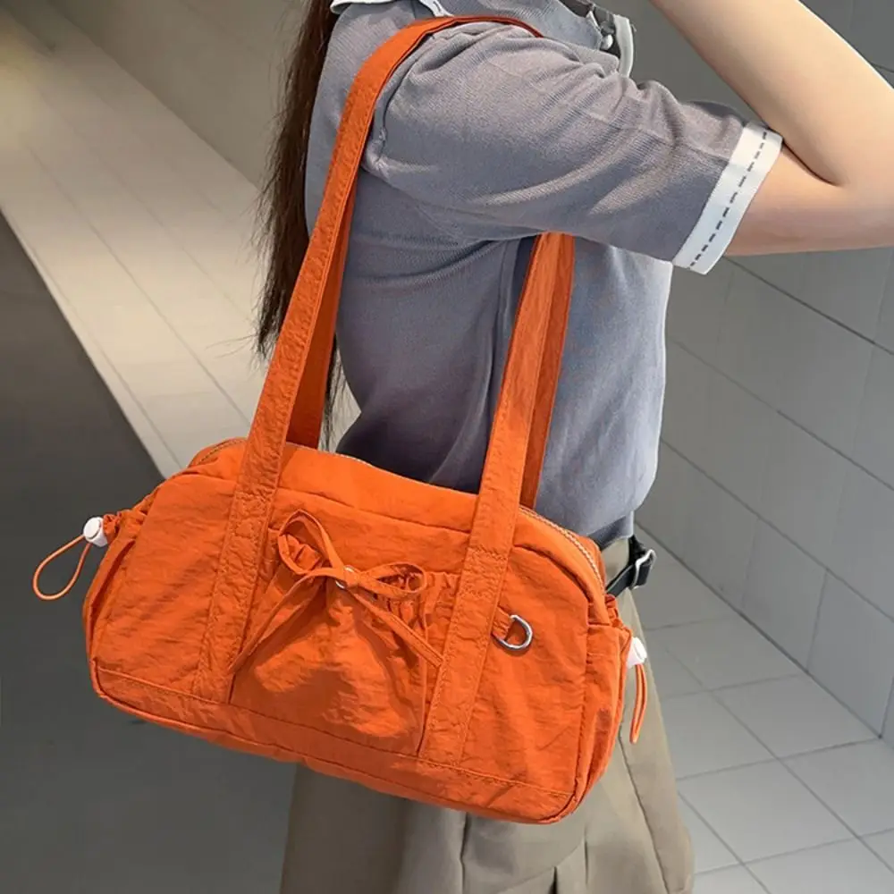 

Casual Korean Style Bow Nylon Shoulder Bag Women Handbag Solid Color Boston Bag Large Capacity Tote Bag Travel Luggage Bag Yoga