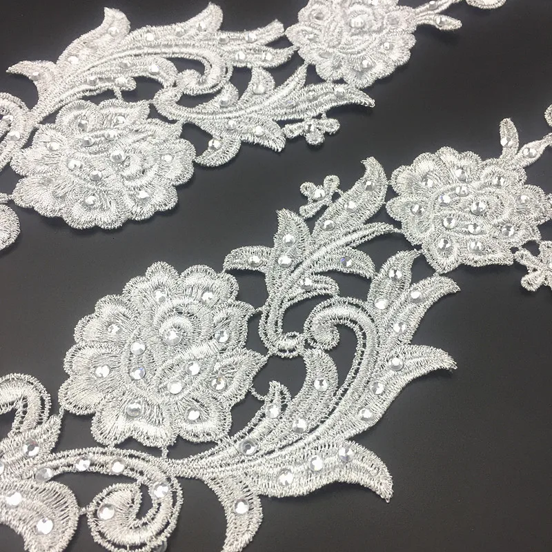 1Pair/ 2pcs New Arrival Gold Silver Rhinestones Lace Flower Applique Venise Mirror lace patch Sewing Trims For Dance Dress