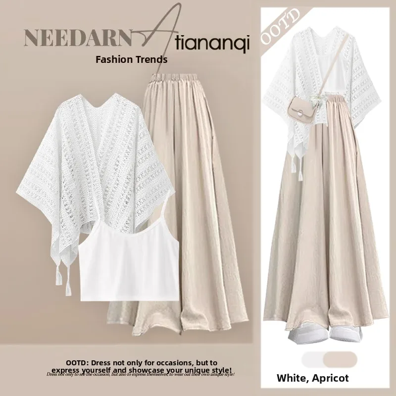 

Fashionable Age-Defying Spicy Girl Hollow out Shoulder Wrap with Tank Top And Slim High Waist Wide Leg Pants Skirt Set