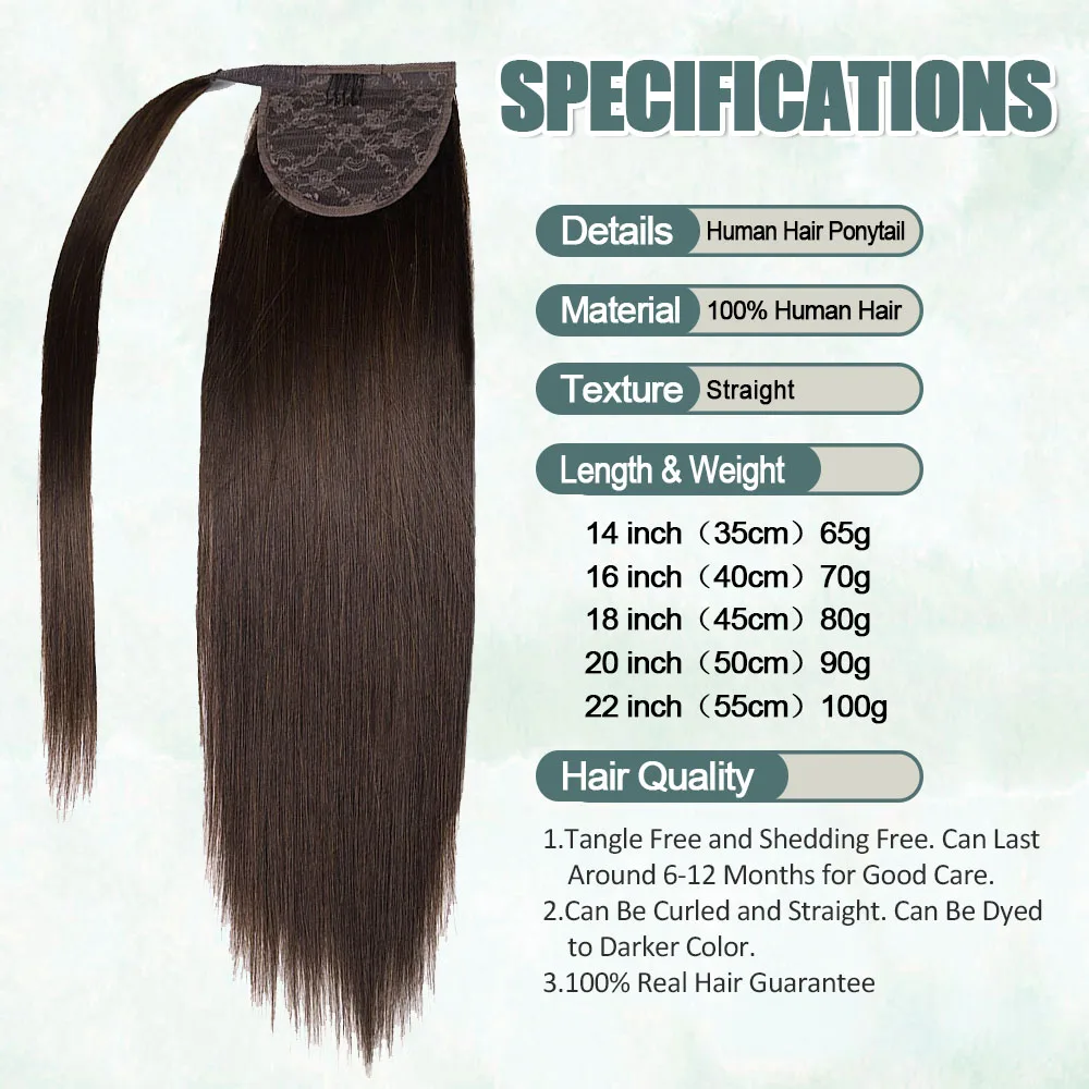 Straight Ponytail Human Hair Wrap Around Invisible Magic Paste Ponytails Hair Extensions 100% Natural Remy Human Hair Extension