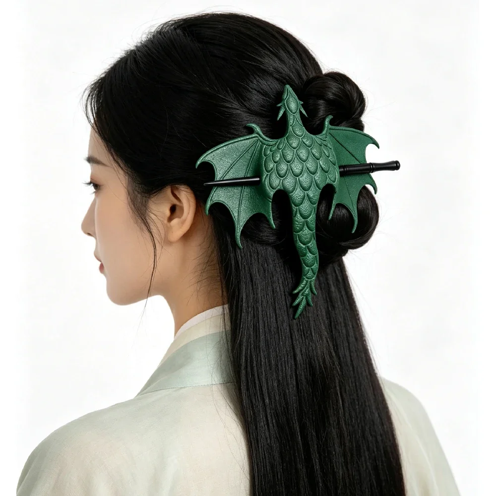 1 Stück Gotischer Drachenflügel-Haarstab, Mittelalterlicher Drachen-Haarstab mit Wikinger-Ledergriff, Holzstab für Damen Alltagsgebrauch & Cosplay – Detail 6