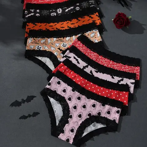 SP&CITY Halloween Print Lace Thin Underwear for Women Low Waist Bat Ghost Horrifying Panties Soft Cotton Crotch Seamless Briefs