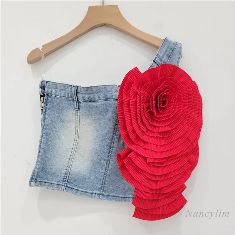 Large Flower Denim Top Women's Summer 2024 Beautiful Retro Slim Fit Short Elastic Asymmetric Diagonal Collar Crop Top Outwears