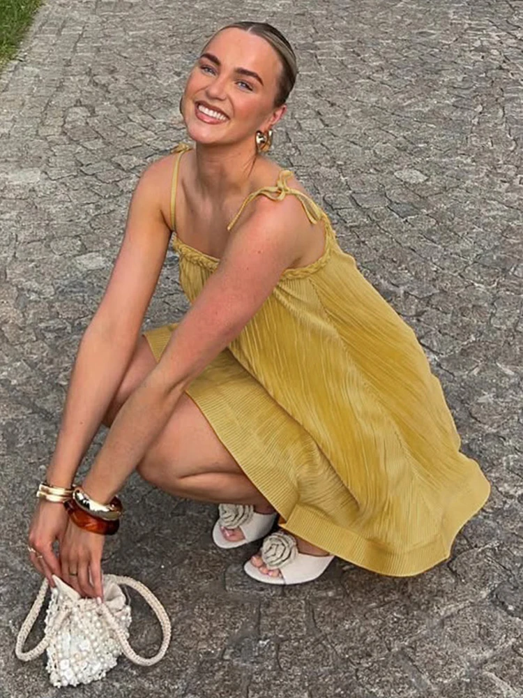 Summer Silky Ruffle Woven Strap Splice Sleeveless Vestidos Female Concise Party Frock Cutenew Loose Stunning Women Mini Dress