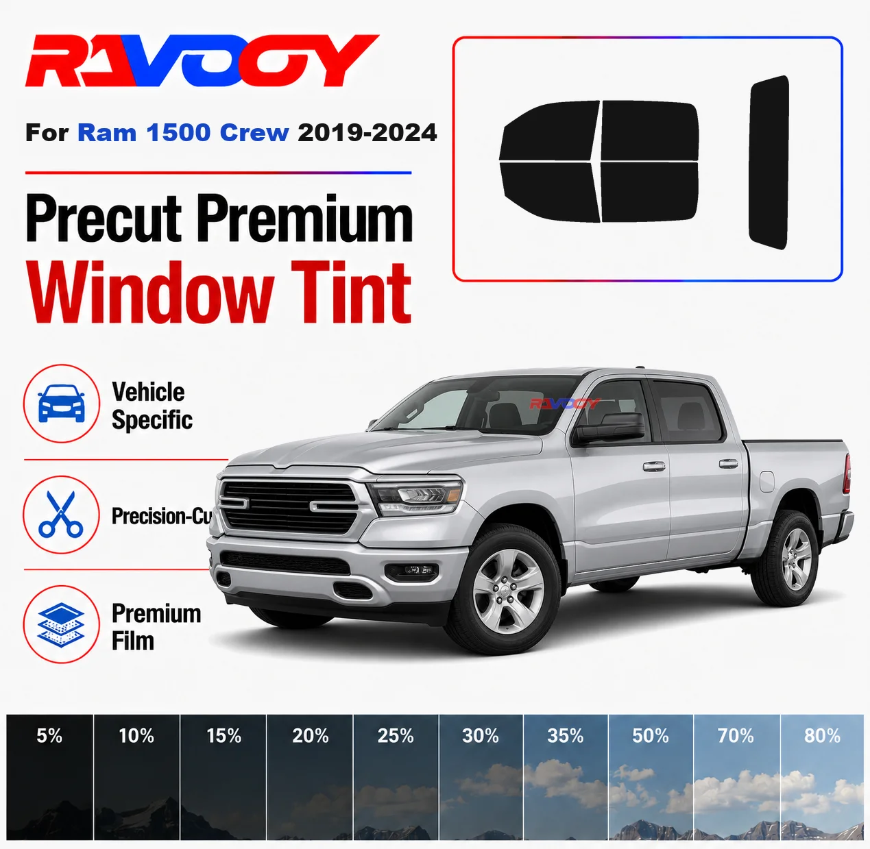 

Premium Precut Window Tint Kit Front Rear Windows Rear Windshield For Ram 1500 Crew 2019-2024 Complete Set Nano Ceramic Film